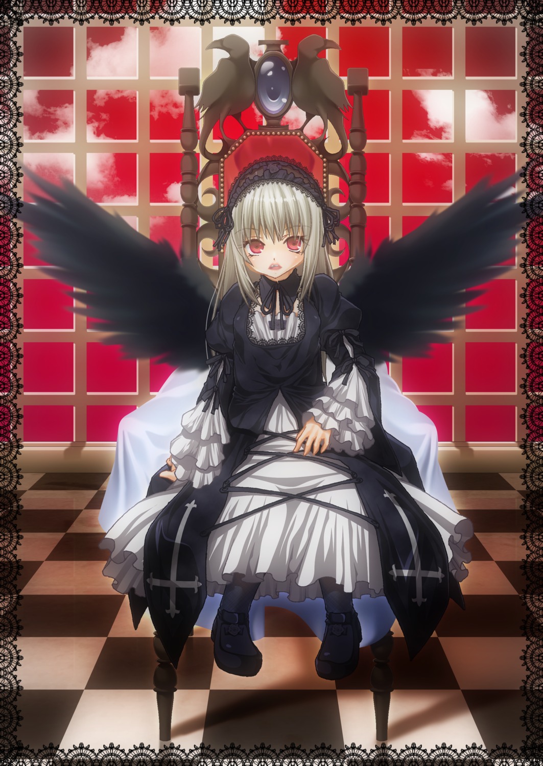 1girl argyle argyle_background argyle_legwear board_game chair checkered checkered_background checkered_floor checkered_kimono checkered_skirt chess_piece diamond_(shape) dress floor flower hairband image lolita_fashion lolita_hairband long_hair on_floor perspective red_eyes reflection reflective_floor rose solo suigintou tile_floor tile_wall tiles vanishing_point window wings