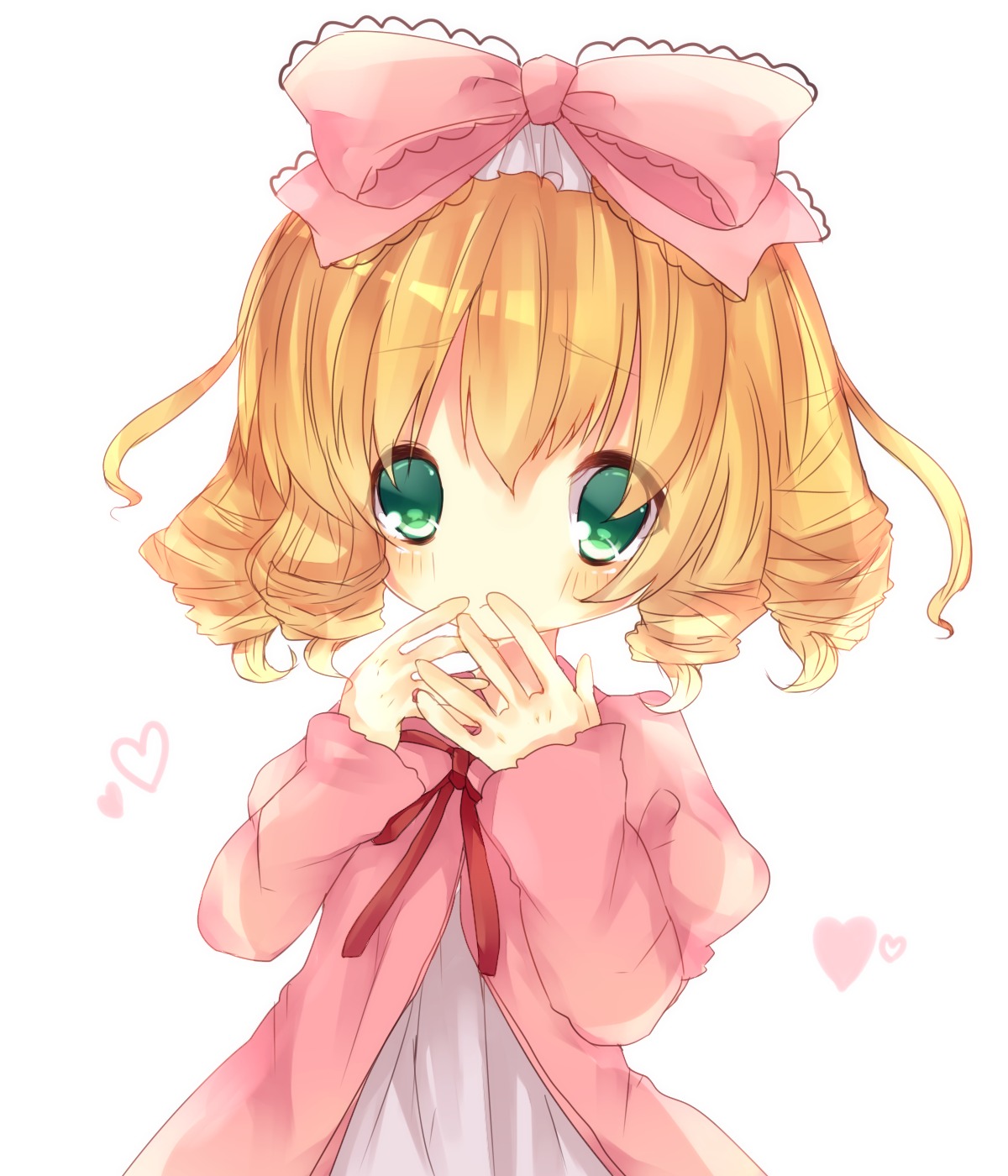1girl blonde_hair bow dress drill_hair green_eyes heart hina_ichigo hinaichigo image long_sleeves looking_at_viewer pink_bow pink_dress ribbon short_hair solo striped striped_background twin_drills upper_body white_background