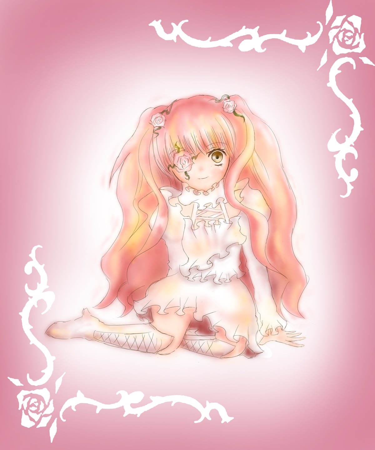 1girl bandages dress eyepatch flower frills full_body hair_flower hair_ornament image kirakishou long_hair pink_hair rose smile solo striped vines wavy_hair white_flower white_rose yellow_eyes