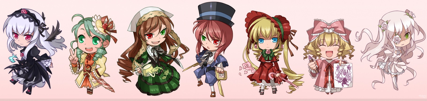 6+girls blonde_hair blue_eyes bow brown_hair dress green_eyes hairband hat heterochromia hina_ichigo image kanaria long_hair multiple multiple_girls pink_bow red_eyes shinku short_hair silver_hair sisters souseiseki suigintou suiseiseki tagme top_hat twintails wings
