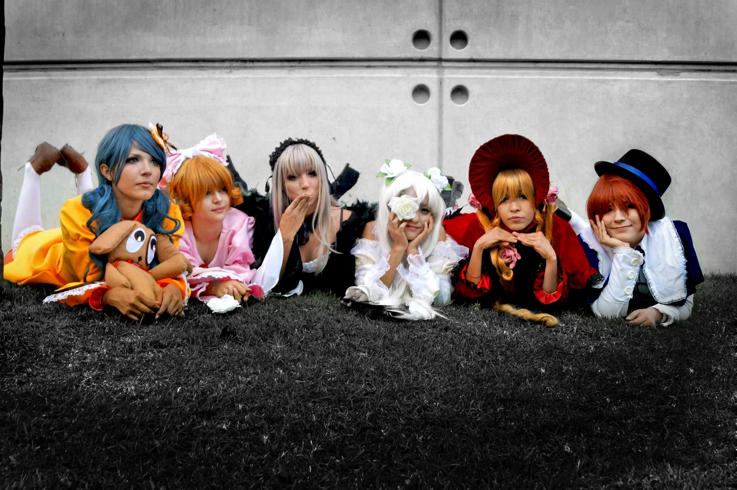 4boys 4girls blonde_hair blue_hair closed_eyes dress hat multiple_boys multiple_cosplay multiple_girls short_hair tagme