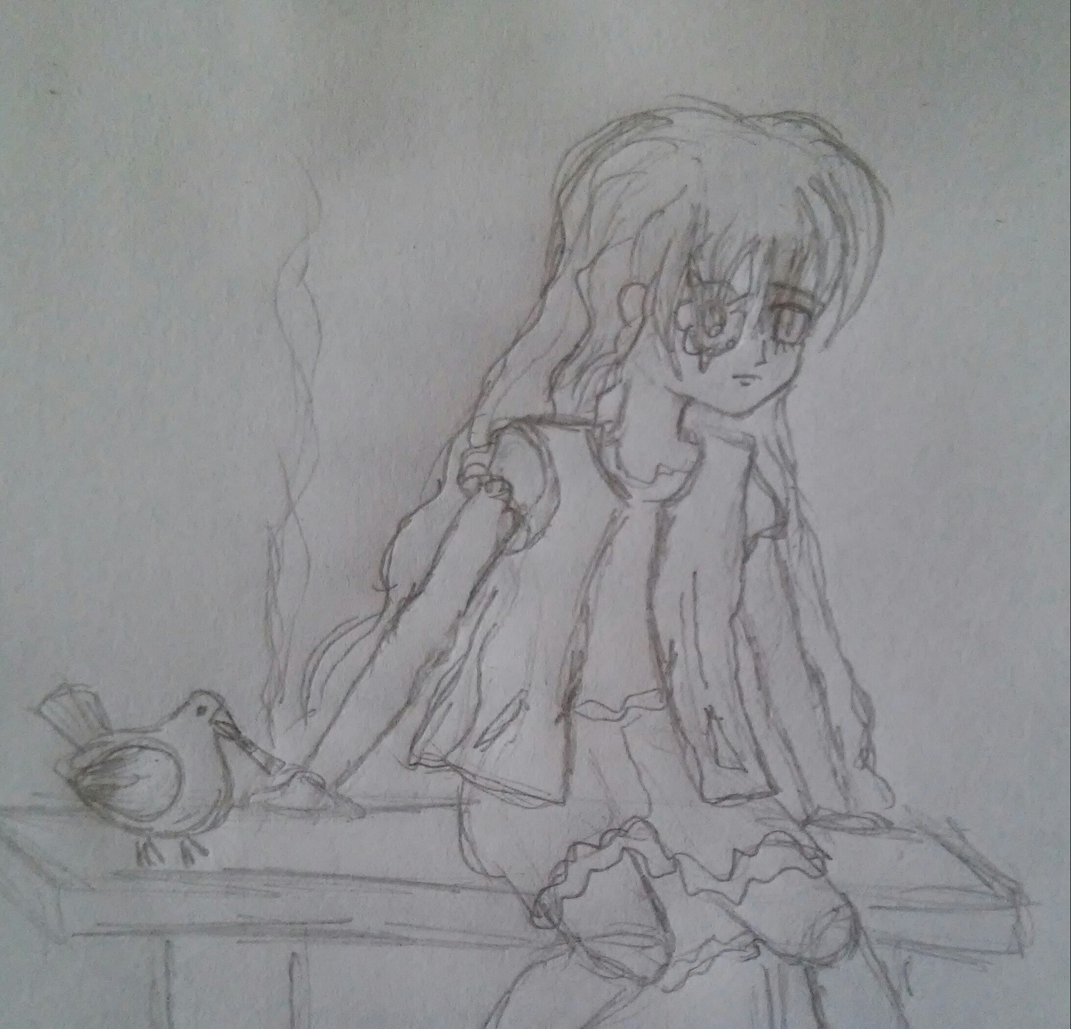 1girl greyscale image kirakishou long_hair monochrome open_clothes open_shirt solo traditional_media