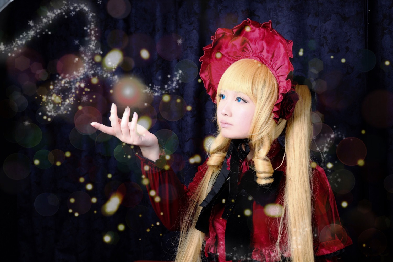 1girl blonde_hair blue_eyes blurry bokeh bonnet long_hair shinku solo twintails upper_body