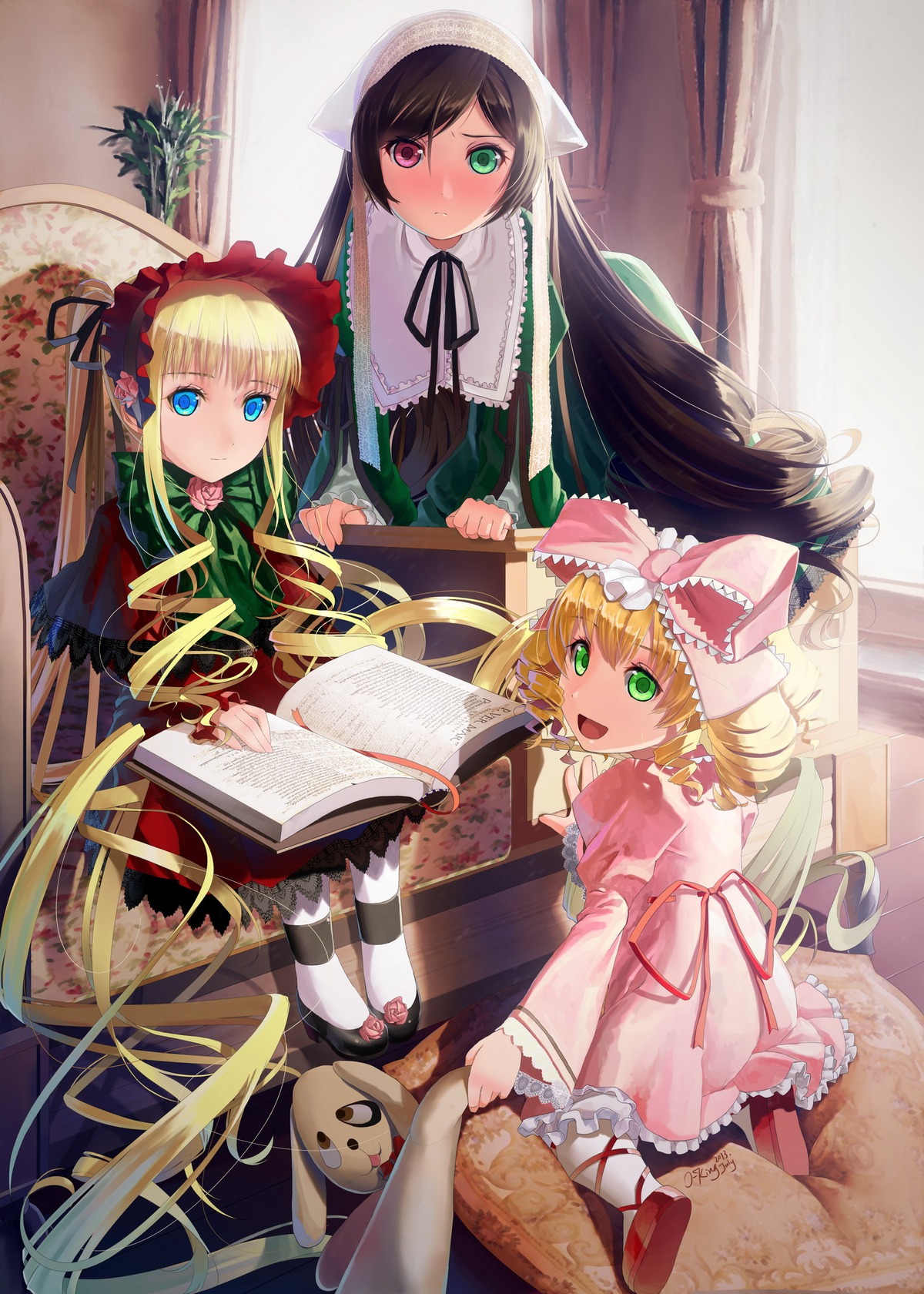 3girls absurdly_long_hair blonde_hair blue_eyes bonnet book bow brown_hair commentary_request cup dress drill_hair flower frills glowing glowing_eyes gothic_lolita green_eyes hair_bow hair_ribbon hairband heterochromia highres hina_ichigo image indoors kunkun lolita_fashion long_hair looking_at_viewer multiple multiple_girls okingjo open_book open_mouth pantyhose pink_bow red_eyes ribbon rose rozen_maiden shinku short_hair sitting stuffed_animal stuffed_dog suiseiseki tagme twintails very_long_hair white_legwear