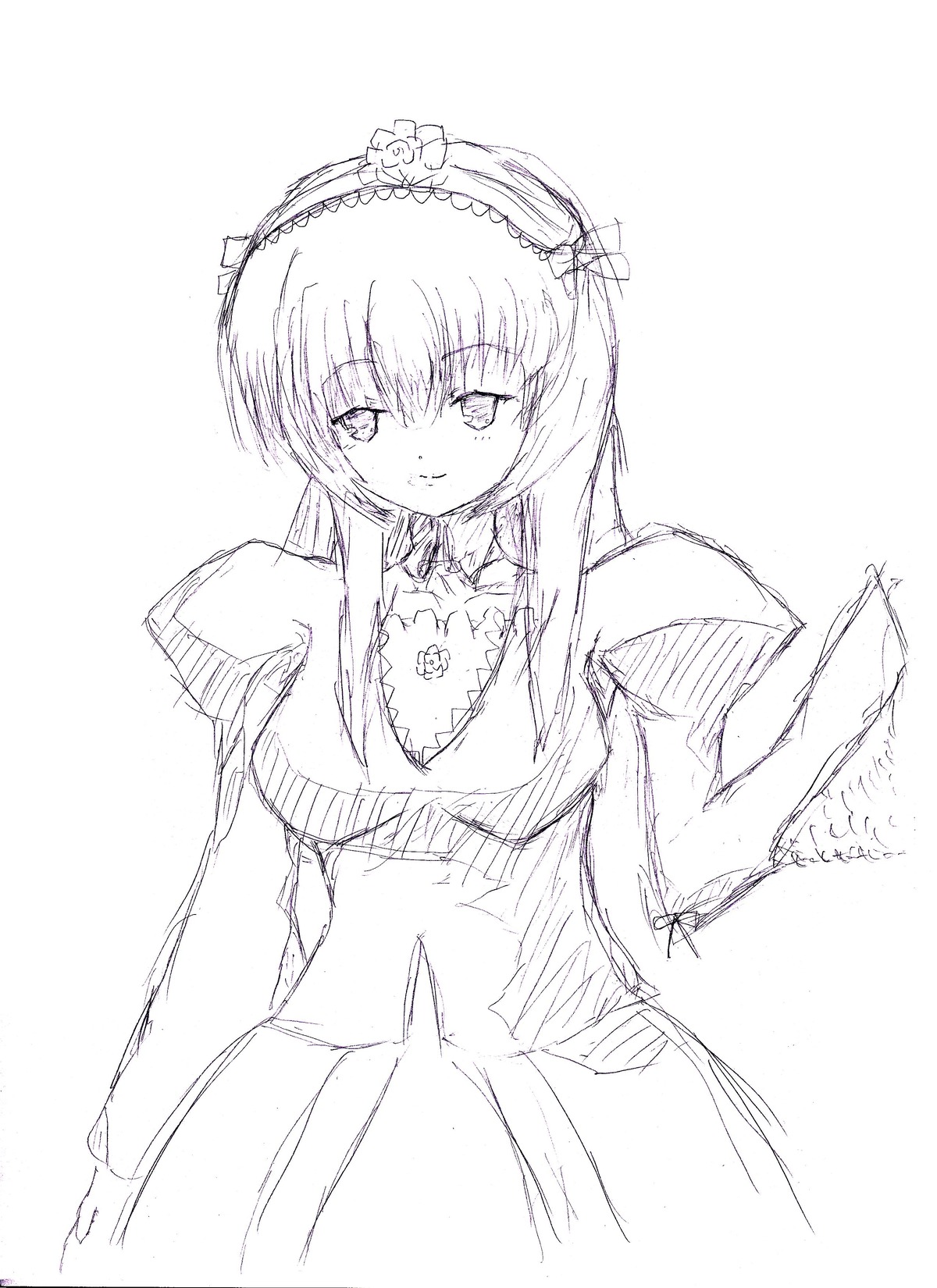 1girl bangs breasts closed_mouth detached_collar dress eyebrows_visible_through_hair frills greyscale hairband image itsumi_erika long_hair long_sleeves looking_at_viewer monochrome sketch smile solo standing suigintou white_background
