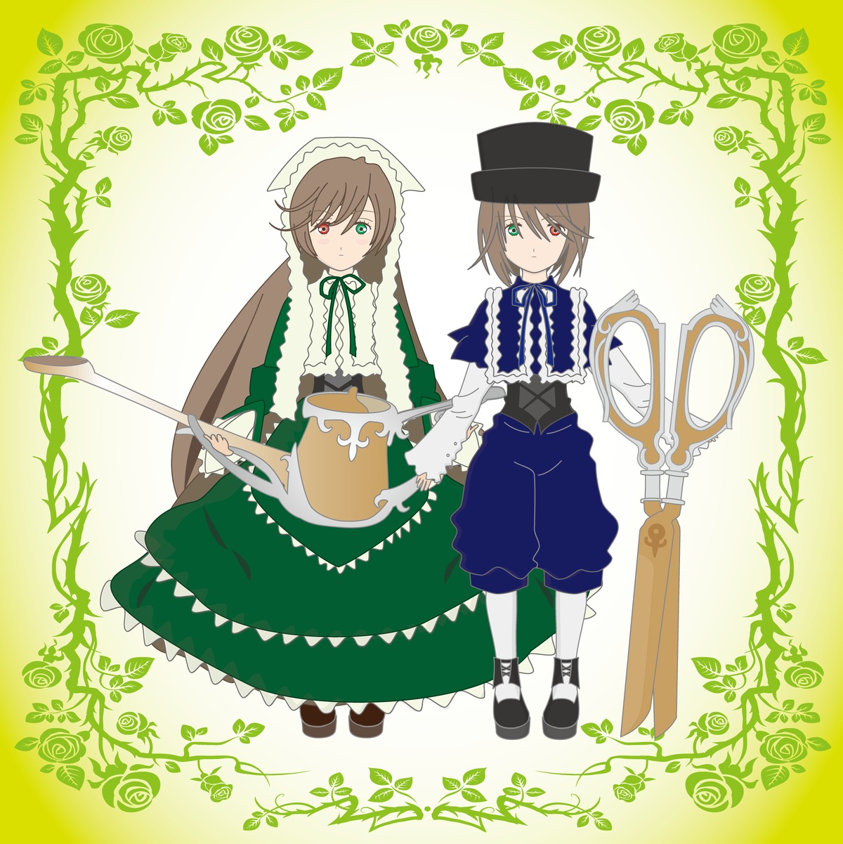 blue_dress brown_hair dress dual_persona flower frills green_eyes hat heterochromia holding_hands image long_sleeves looking_at_viewer multiple_girls pair pants red_eyes ribbon rose short_hair siblings sisters smile souseiseki suiseiseki twins vines watering_can white_legwear