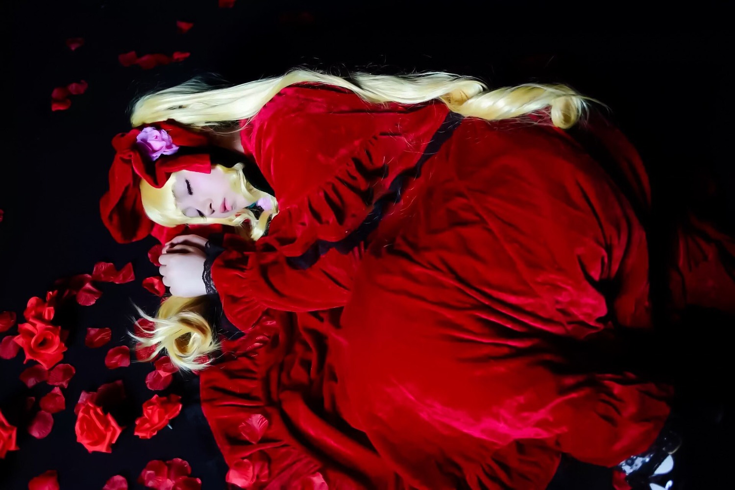 1girl blonde_hair closed_eyes dress flower long_hair long_sleeves red_dress rose shinku sleeping solo twintails
