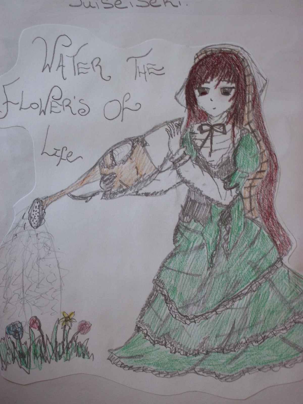 1girl dress flower green_dress hat hong_meiling image long_hair long_sleeves red_eyes rose solo suiseiseki