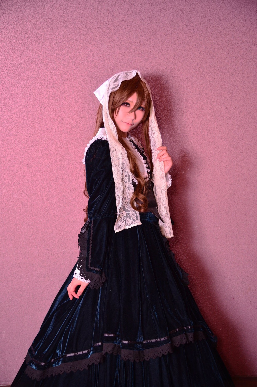 1girl black_dress brown_hair dress lace long_hair long_sleeves necklace nun solo standing suiseiseki