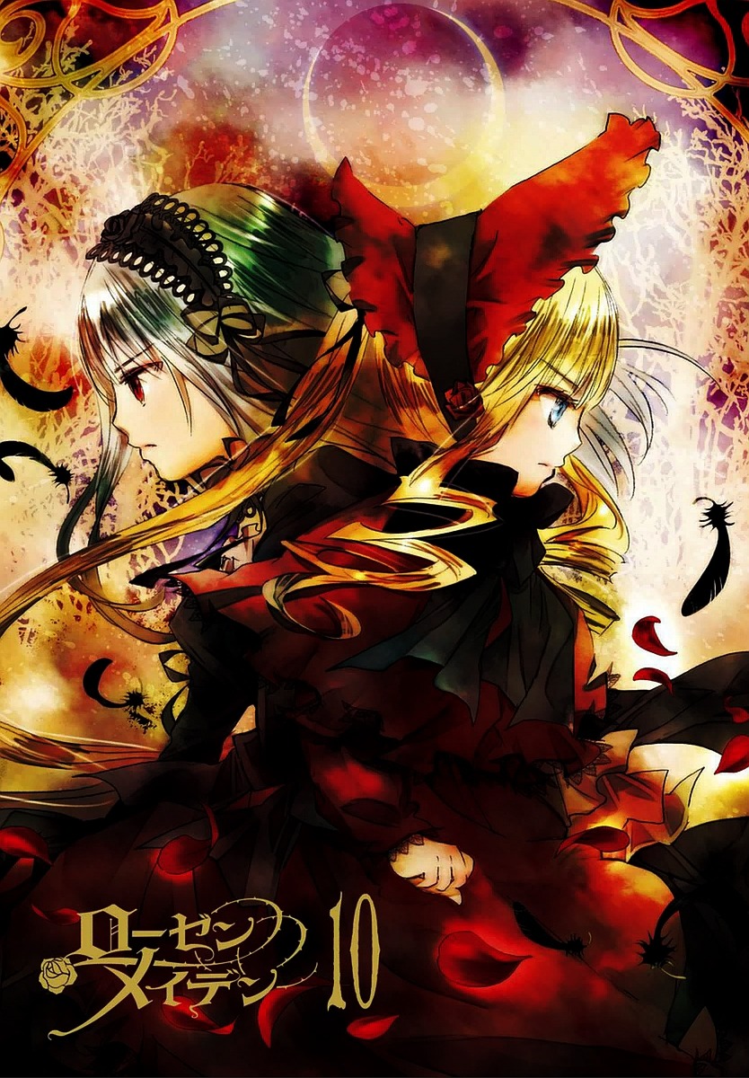2girls black_wings blonde_hair blue_eyes bonnet dress feathers flower image long_hair long_sleeves multiple_girls pair petals profile red_dress red_eyes rose shinku silver_hair suigintou twintails very_long_hair