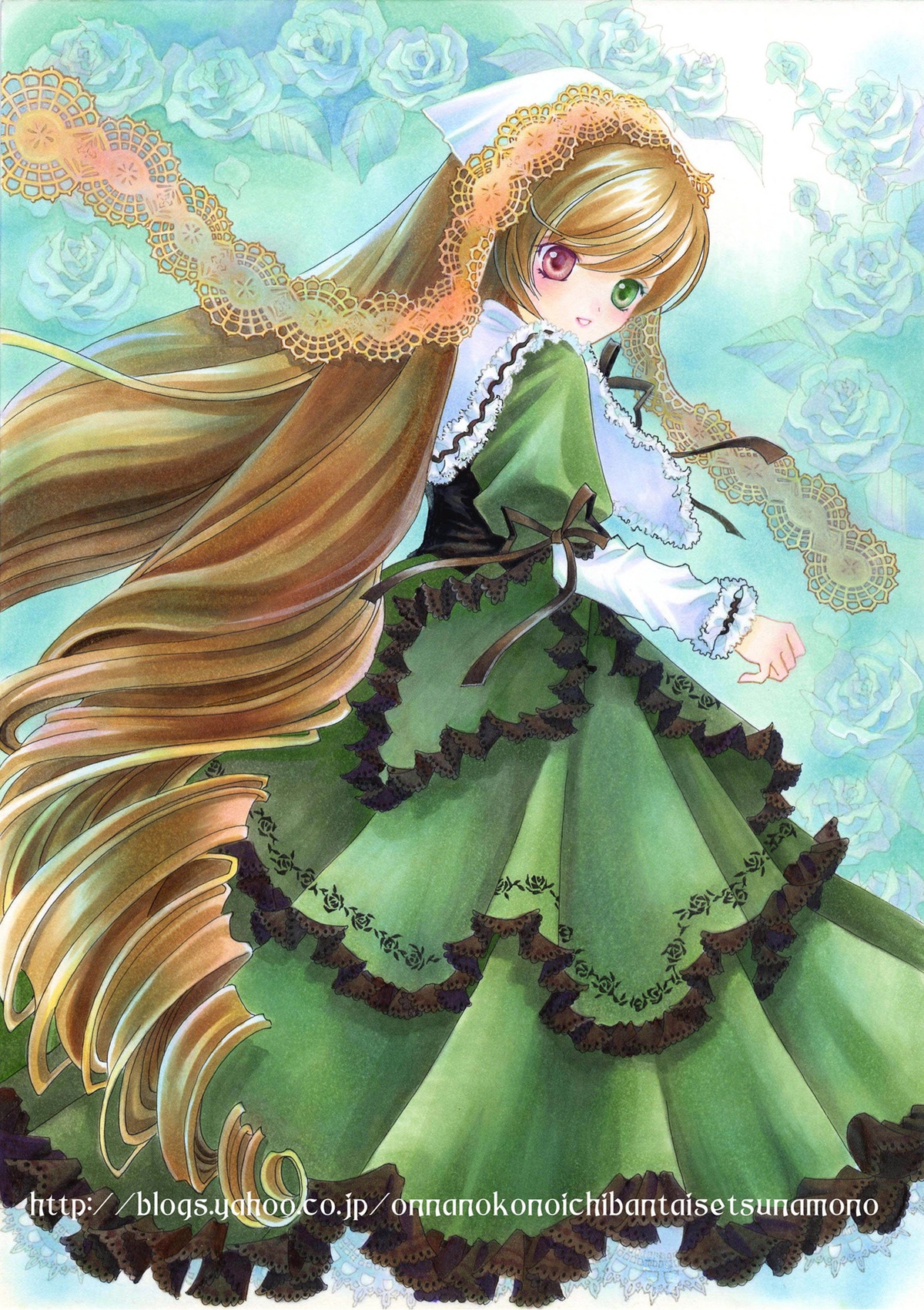 1girl blonde_hair brown_hair dress drill_hair flower frills green_dress green_eyes heterochromia image lolita_fashion long_hair long_sleeves looking_at_viewer looking_back pantyhose red_eyes rose solo suiseiseki very_long_hair