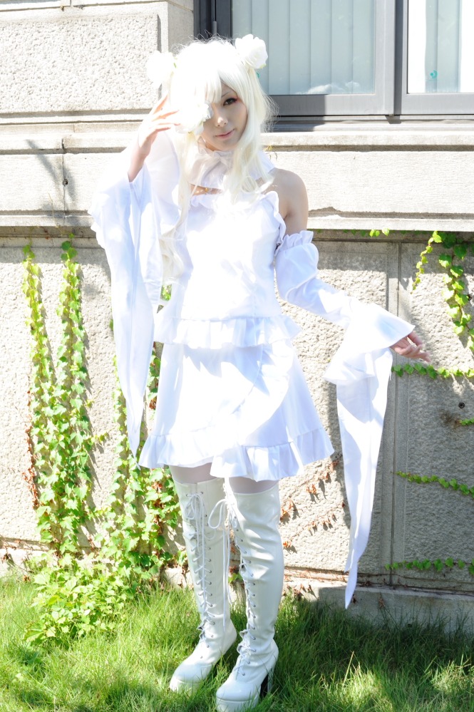 1girl 3d boots day dress flower grass kirakishou knee_boots photo solo standing white_dress white_footwear white_hair white_theme
