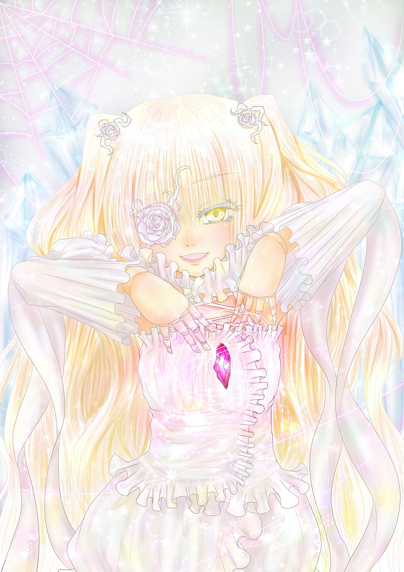 1girl blonde_hair dress eyepatch flower frills hair_flower hair_ornament image kirakishou long_hair rose smile solo very_long_hair white_rose yellow_eyes