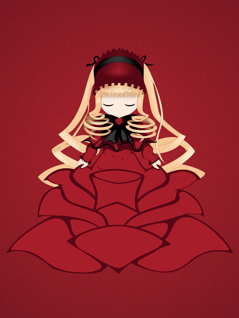 1girl blonde_hair blush bow chibi closed_eyes dress image long_hair long_sleeves red_background red_dress red_theme shinku smile solo very_long_hair