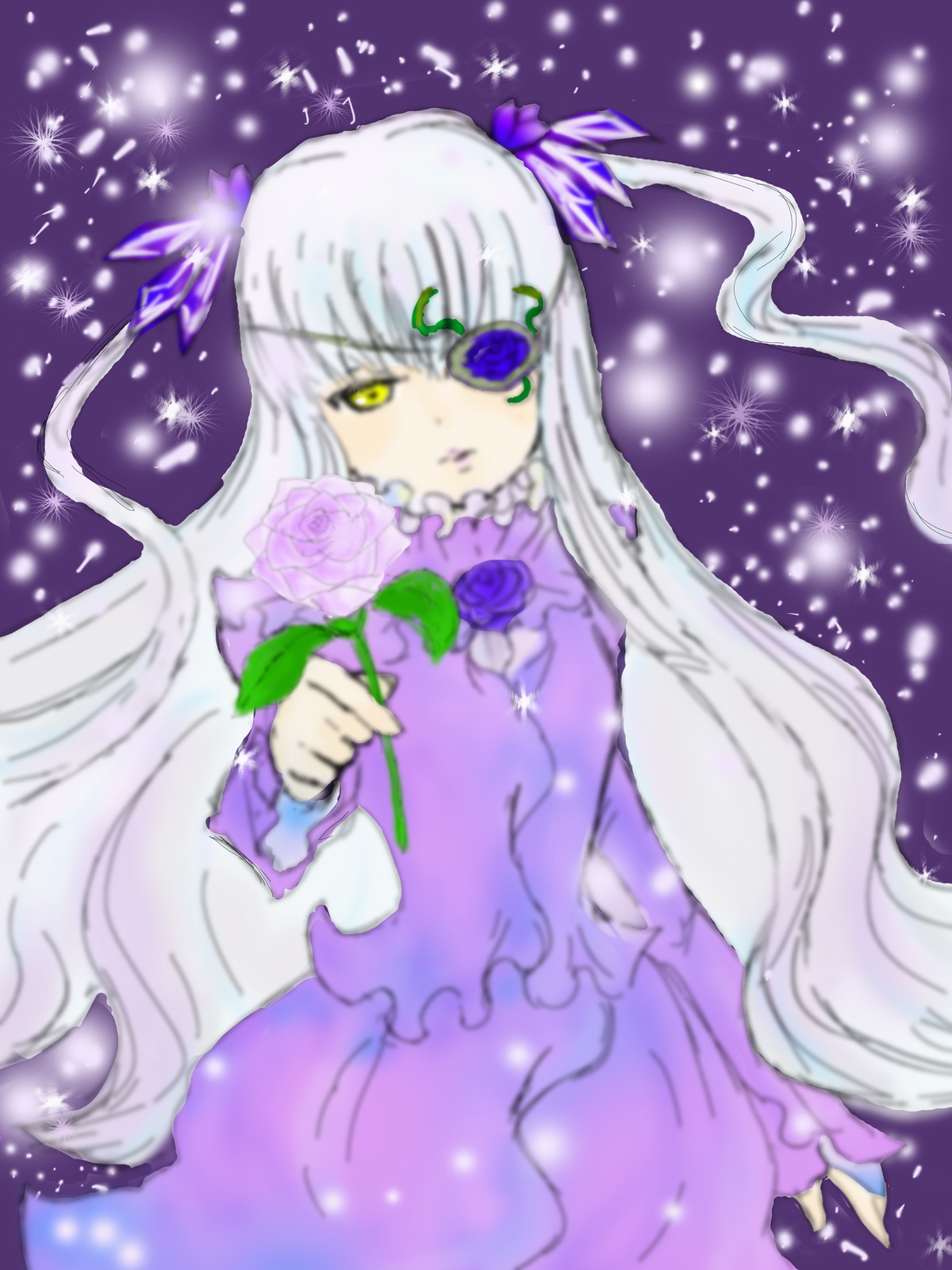 1girl barasuishou blue_flower blue_rose dress flower image long_hair long_sleeves purple_dress purple_flower purple_rose ribbon rose silver_hair solo sparkle very_long_hair yellow_eyes
