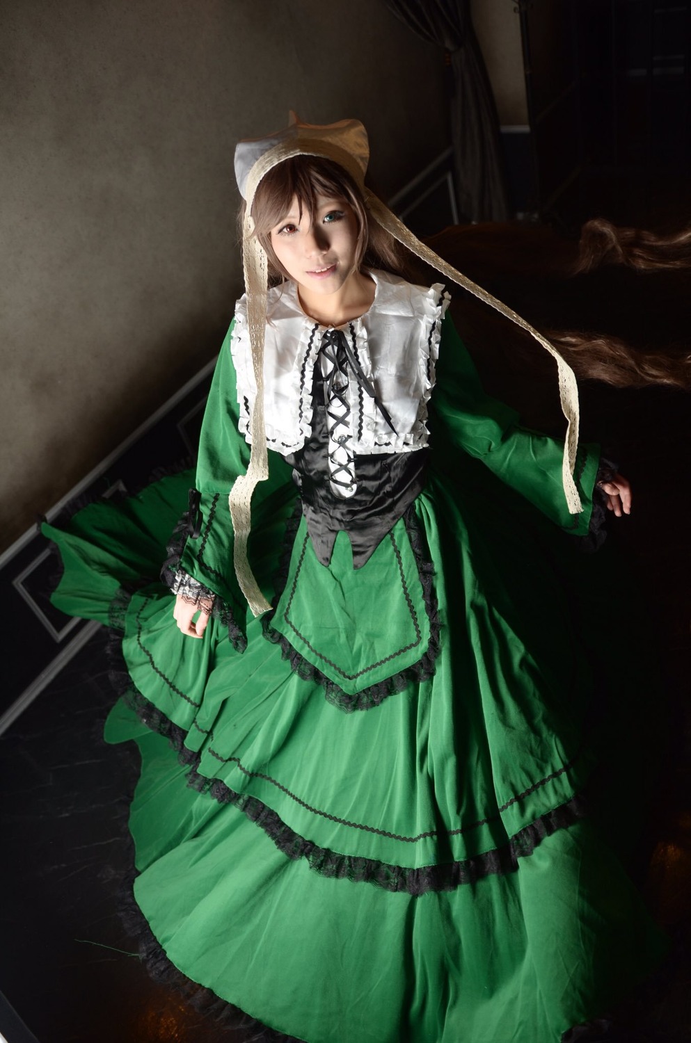 1girl brown_hair dress frills hat long_hair long_sleeves solo standing suiseiseki