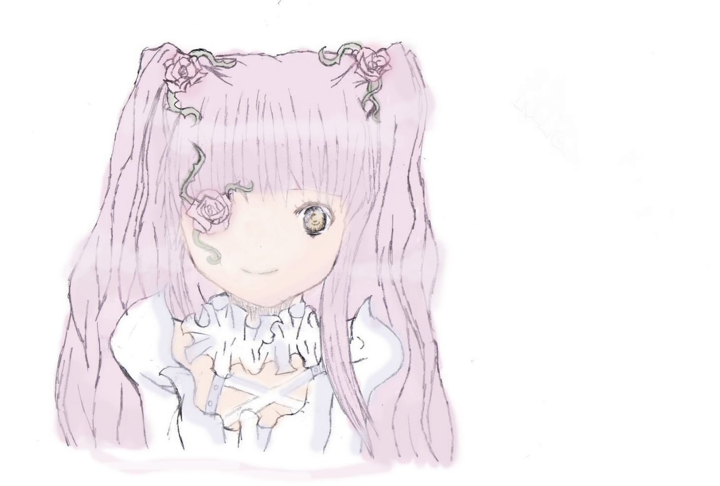 1girl 86800 bangs closed_mouth dress eyepatch flower hair_flower hair_ornament image kirakishou long_hair looking_at_viewer pink_hair rose simple_background smile solo striped two_side_up upper_body vertical_stripes white_background white_flower white_rose