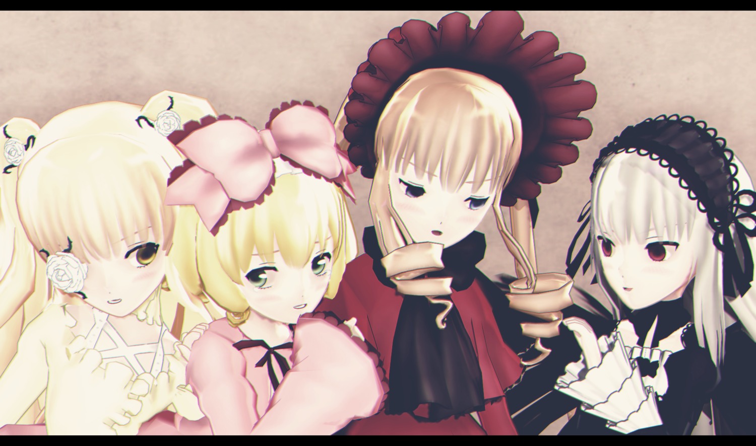 4girls blonde_hair blue_eyes bow dress flower frills hina_ichigo image letterboxed long_sleeves looking_at_viewer multiple multiple_girls pink_bow rose shinku short_hair suigintou tagme twintails