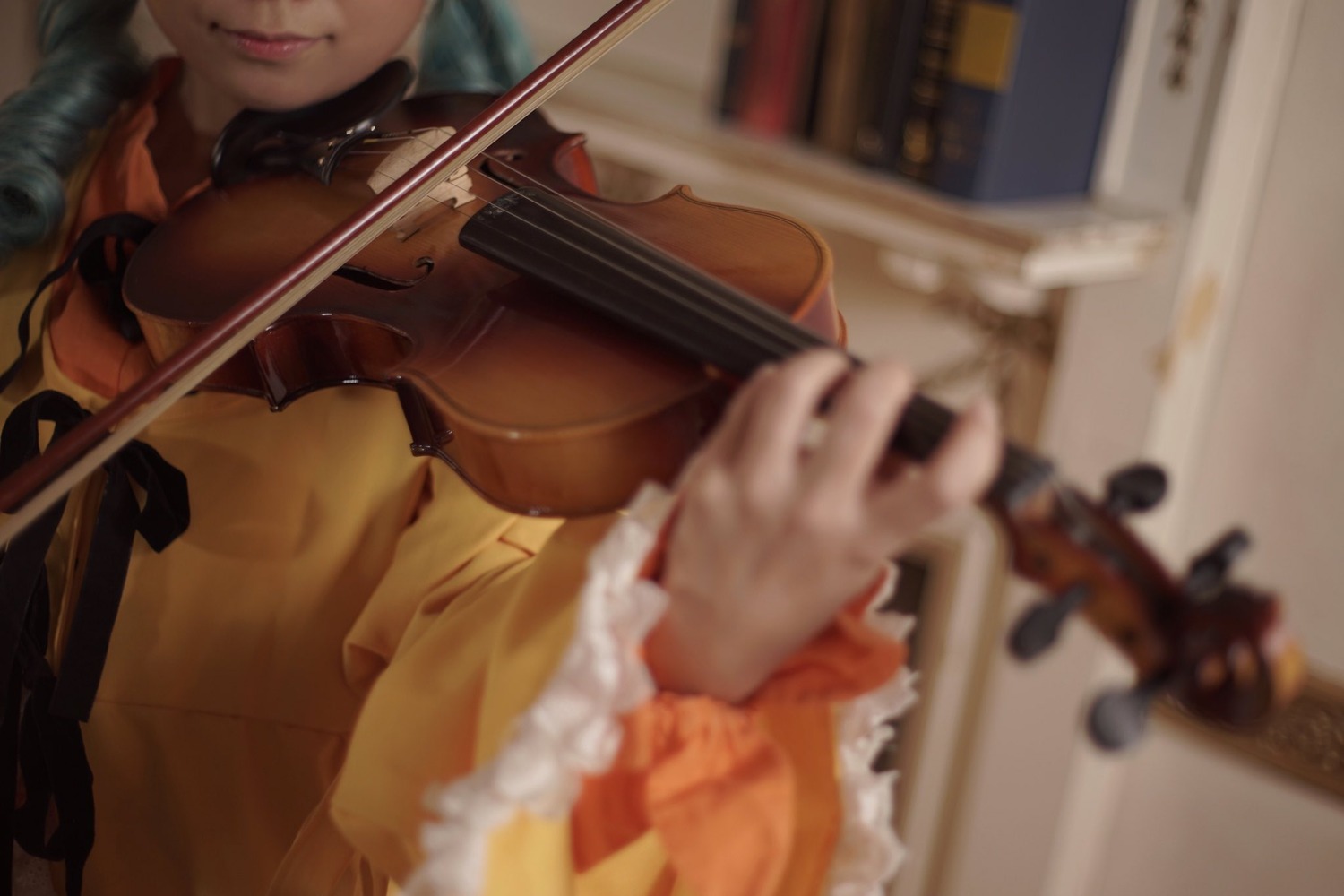 1girl blurry blurry_background blurry_foreground bow_(instrument) depth_of_field dress frills guitar head_out_of_frame instrument kanaria music playing_instrument solo violin