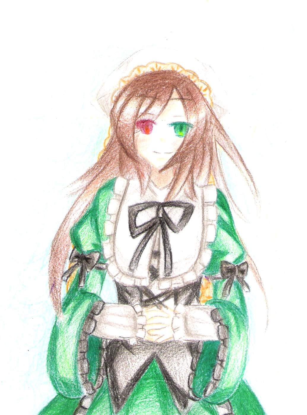 1girl black_ribbon brown_hair dress frills green_dress green_eyes heterochromia image long_hair long_sleeves looking_at_viewer red_eyes ribbon simple_background smile solo suiseiseki very_long_hair white_background