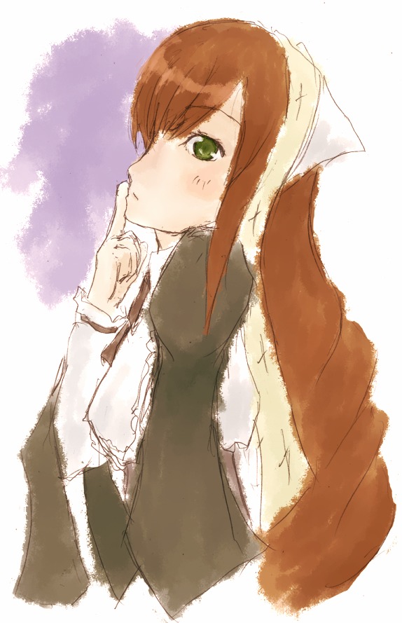1girl apron bangs blush brown_hair from_side green_eyes image long_sleeves looking_at_viewer simple_background solo suiseiseki upper_body white_background