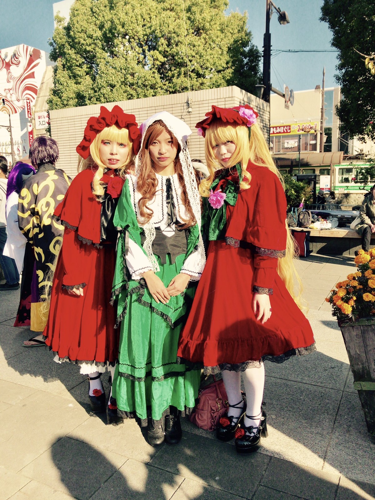 3girls blonde_hair closed_eyes dress flower hat holding_hands long_hair long_sleeves looking_at_viewer multiple_cosplay multiple_girls pavement shoes short_hair tagme white_legwear