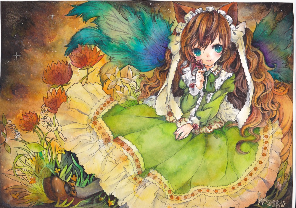 1girl animal_ears brown_hair cat_ears dress flower frills green_dress image long_hair ribbon solo suiseiseki tail traditional_media very_long_hair watercolor_(medium)