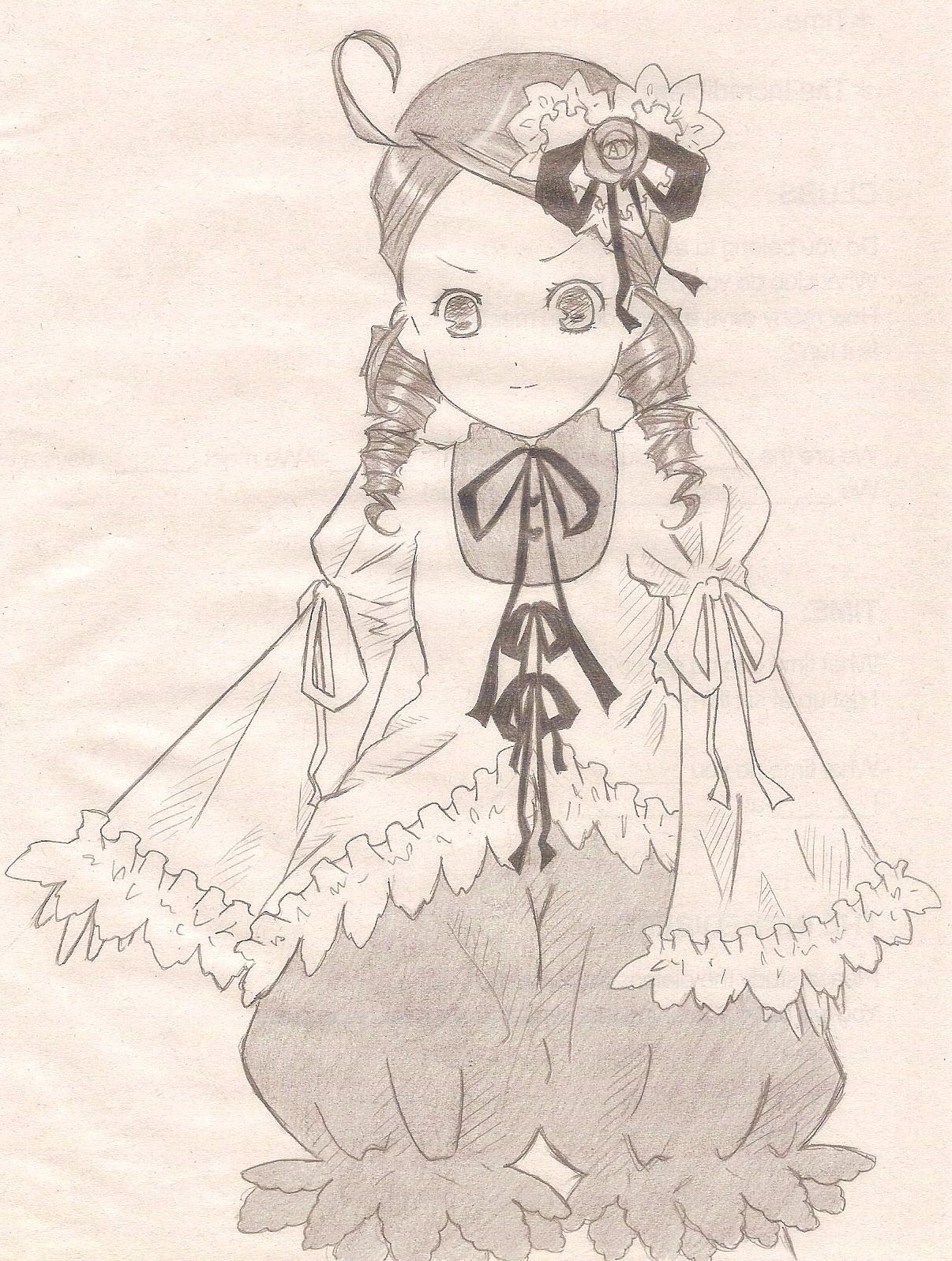 1girl ahoge black_ribbon closed_mouth dress drill_hair flower frills hat image kanaria long_sleeves looking_at_viewer monochrome puffy_sleeves ribbon rose solo twin_drills