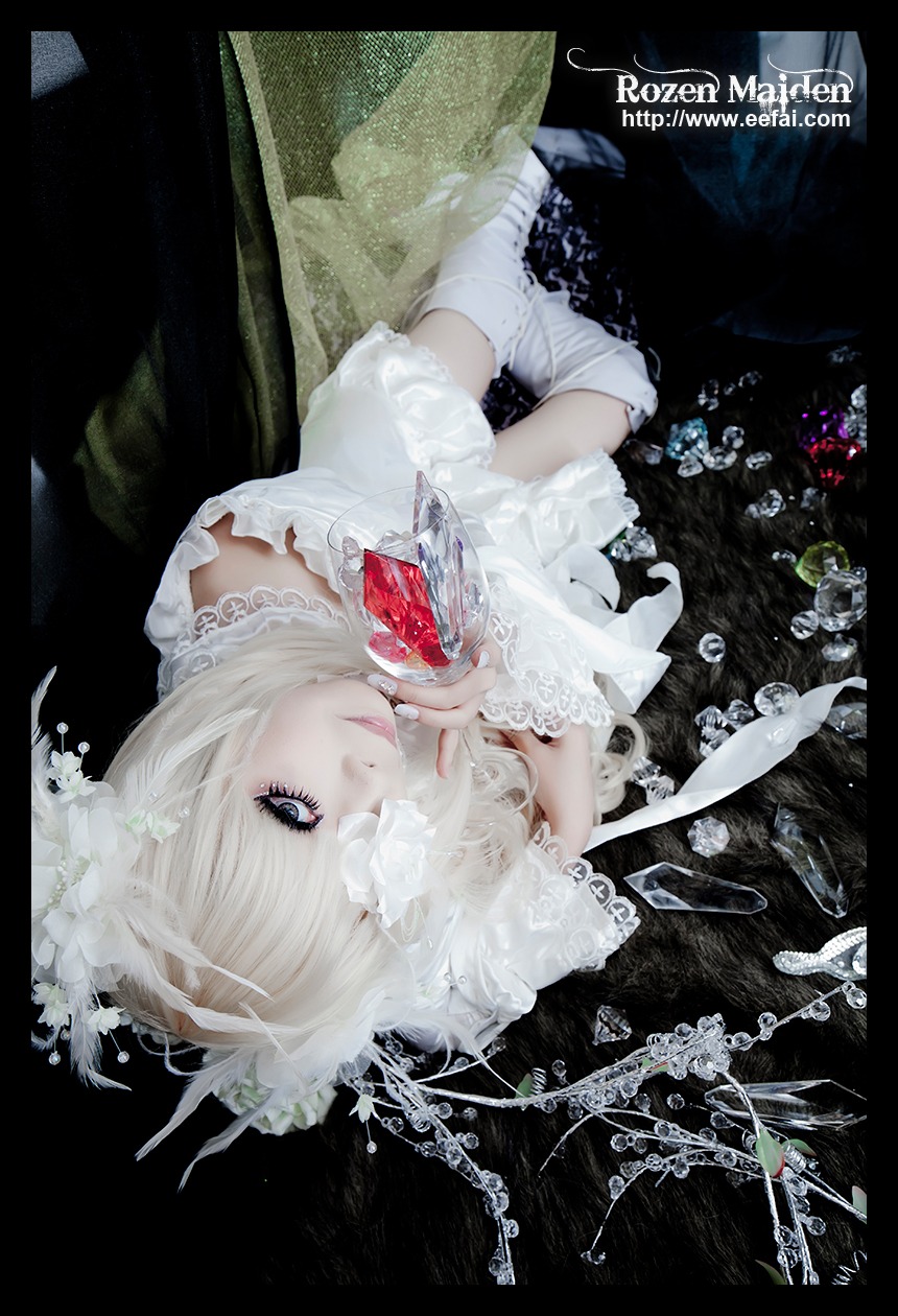 1girl blue_eyes dress flower hair_over_one_eye kirakishou lips solo white_dress white_flower white_hair