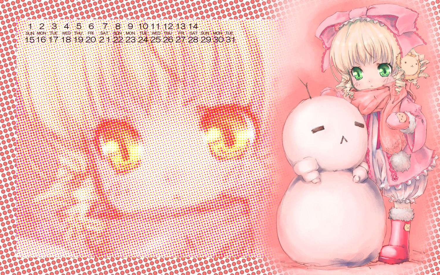 1girl auto_tagged blonde_hair blush bow fence frills green_eyes halftone halftone_background hina_ichigo hinaichigo image looking_at_viewer pillow pink_bow scarf solo