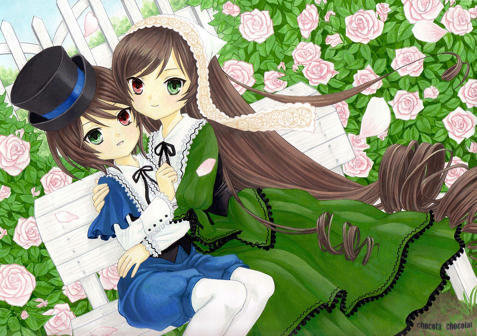 2girls bouquet brown_hair dress flower green_dress green_eyes hat heterochromia image long_hair long_sleeves multiple_girls pair pantyhose pink_flower pink_rose purple_rose red_eyes red_rose rose short_hair siblings sisters souseiseki suiseiseki thorns top_hat twins very_long_hair white_flower white_rose yellow_flower yellow_rose