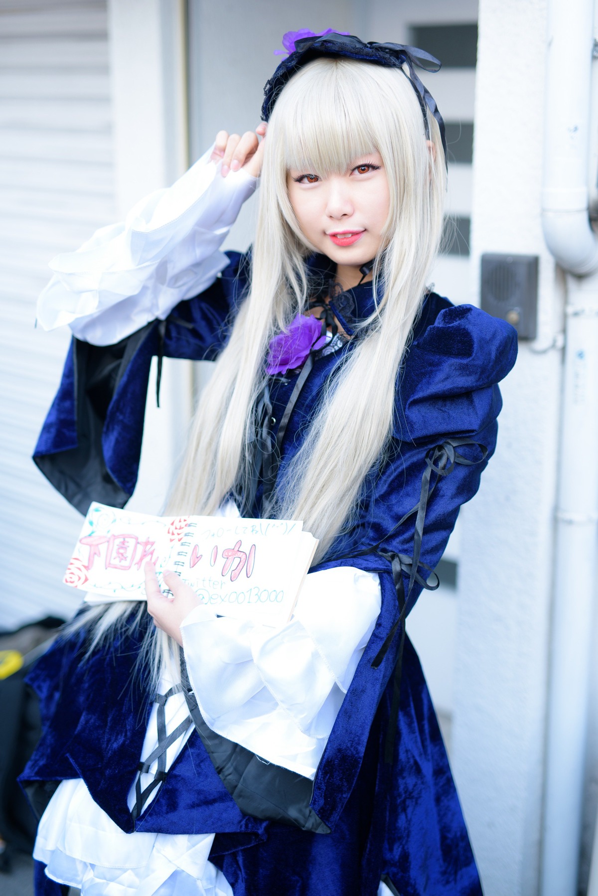 1girl bangs blurry depth_of_field hairband long_hair long_sleeves looking_at_viewer nail_polish red_eyes skirt solo standing suigintou white_hair