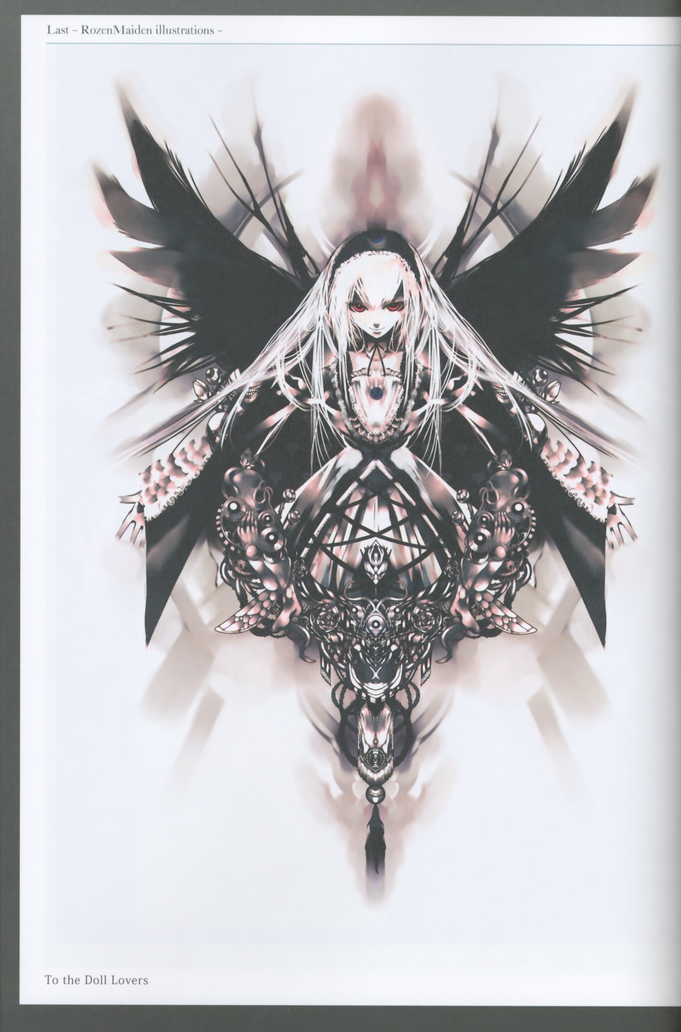 1girl black_wings chain dress feathers flower frills hairband image long_hair long_sleeves looking_at_viewer red_eyes rose sitting solo suigintou very_long_hair white_hair wings