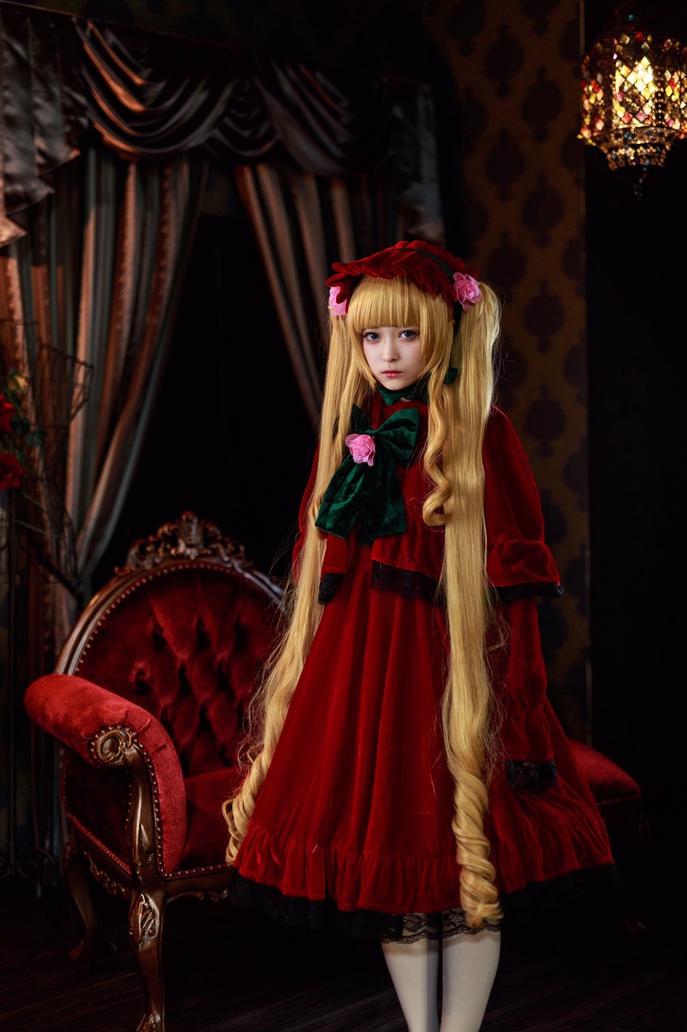 1girl blonde_hair blue_eyes bow curtains dress flower long_hair looking_at_viewer pantyhose red_dress rose shinku sitting solo twintails
