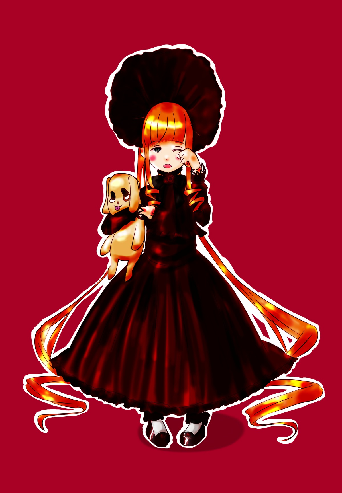 1girl bangs blonde_hair blunt_bangs dress full_body image long_sleeves red_background shinku simple_background solo standing umbrella