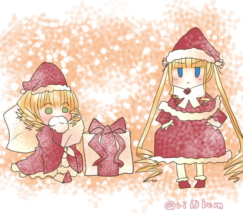 2girls blonde_hair blue_eyes bow hat hinaichigo image long_hair multiple_girls pair polka_dot santa_hat shinku short_hair