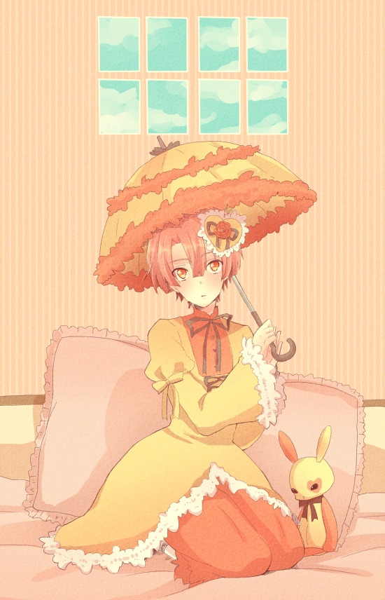 1boy blush flower frilled_pillow frills image kanaria parasol pillow pink_hair sitting solo striped umbrella