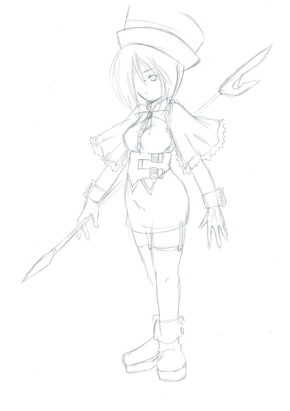 1girl boots breasts capelet full_body greyscale hair_over_one_eye hat image monochrome short_hair sketch skirt solo souseiseki standing thighhighs