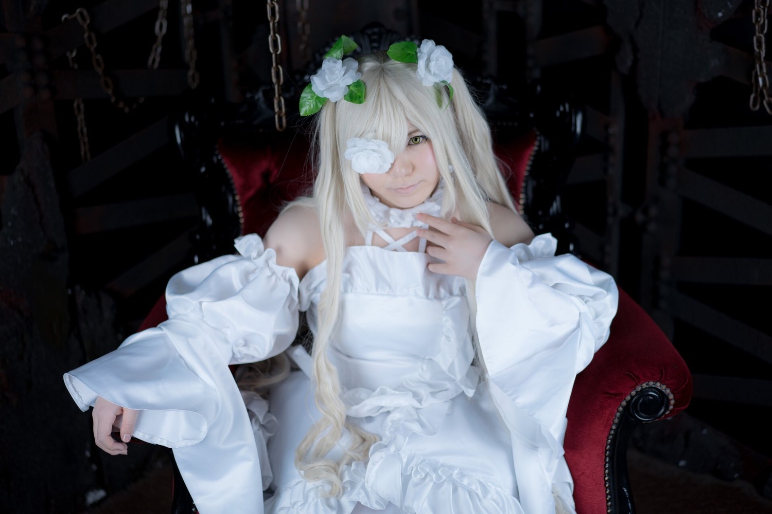 1girl bare_shoulders blindfold chain chained cuffs detached_sleeves dress eyepatch flower green_eyes hair_flower hair_ornament handcuffs kirakishou long_hair rose shackles solo veil white_dress white_flower white_hair