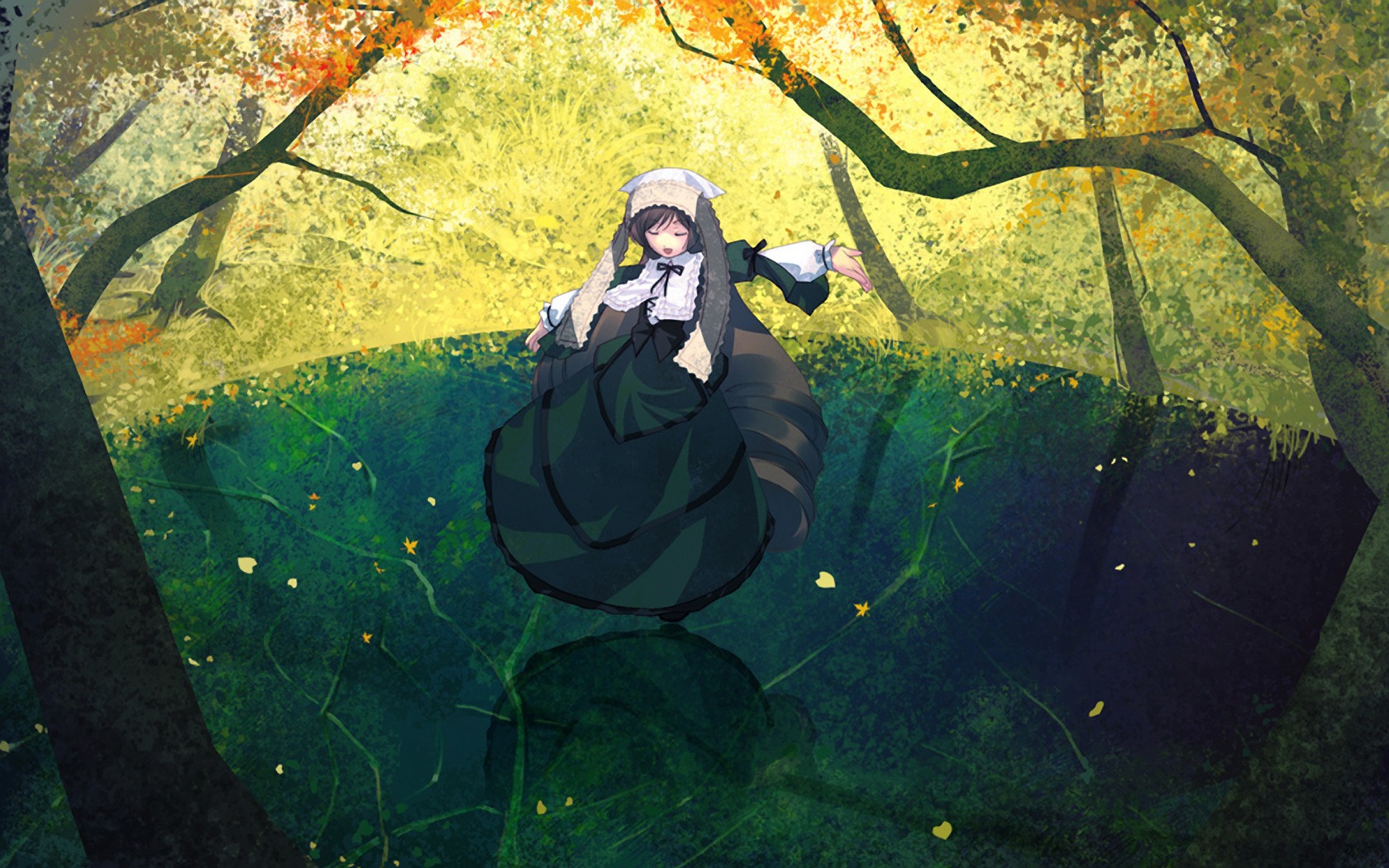 1girl :d aikura_chihiro auto_tagged autumn autumn_leaves black_dress black_hair black_ribbon brown_hair closed_eyes commentary_request corset dress drill_hair falling_leaves forest frilled_dress frills full_body green_dress head_scarf image layered_dress leaf long_dress long_hair long_sleeves nature open_mouth outdoors outstretched_arms photoshop_(medium) plant pond reflection ribbon rozen_maiden shore smile solo suiseiseki tree very_long_hair water
