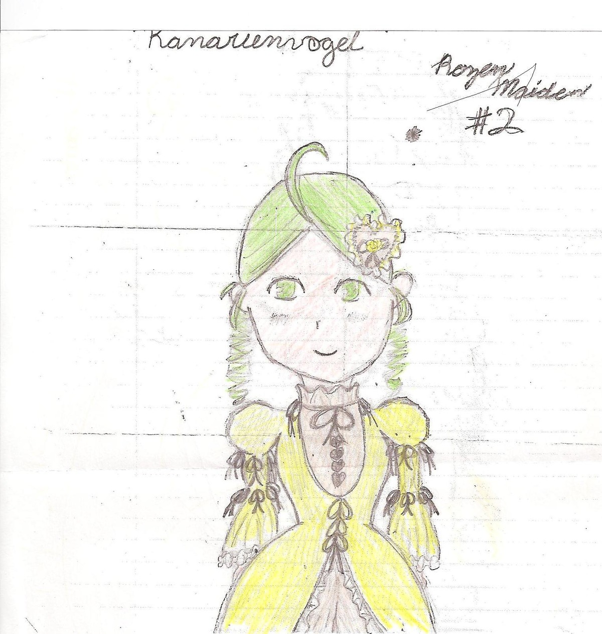 1girl ahoge flower frills green_eyes green_hair hair_flower hair_ornament image kanaria looking_at_viewer short_hair smile solo swept_bangs upper_body yellow_dress