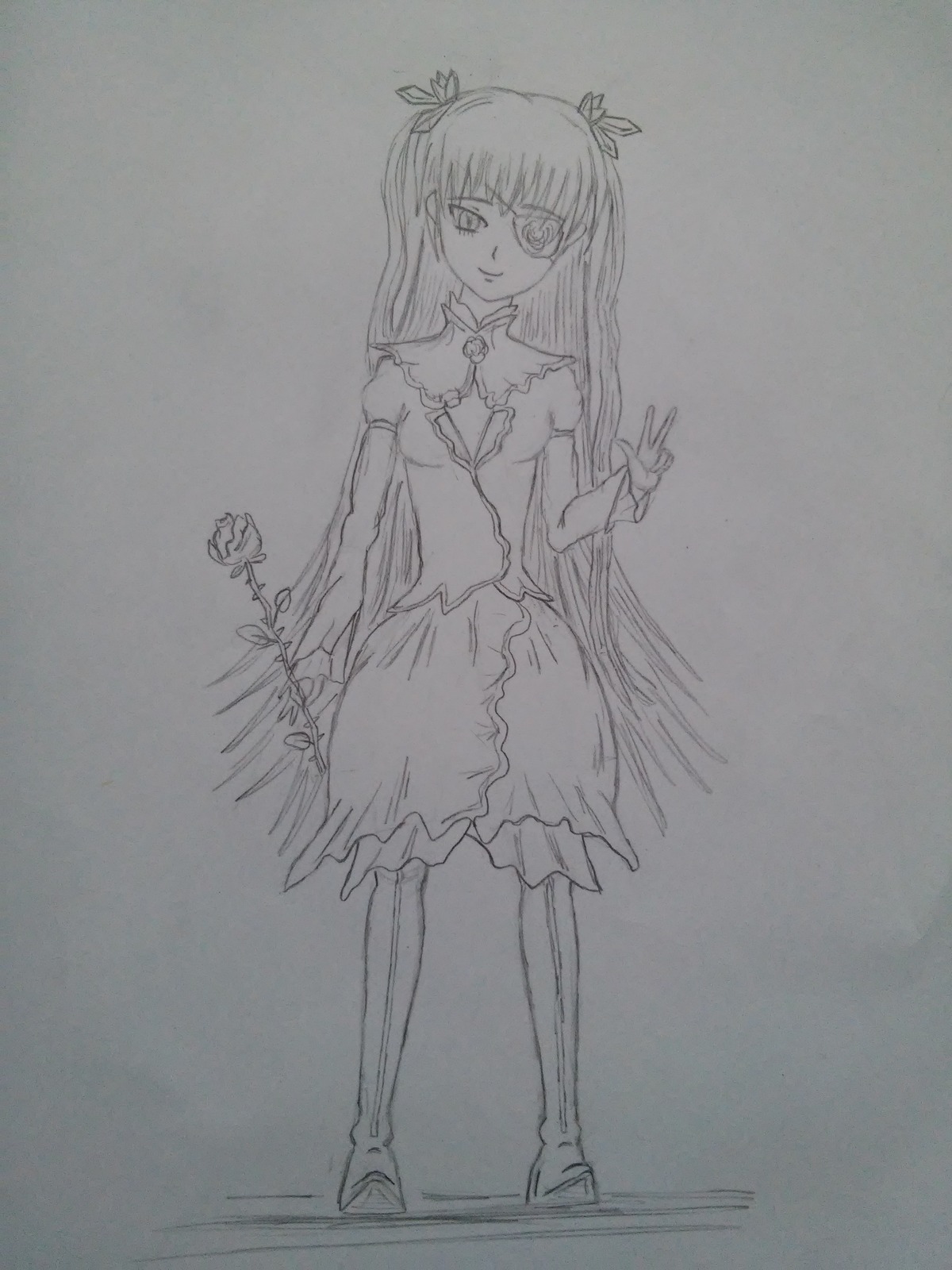 1girl akemi_homura bow dress flower gloves greyscale hair_ribbon image kaname_madoka kirakishou long_hair looking_at_viewer monochrome photo ribbon rose smile solo standing thighhighs traditional_media two_side_up zettai_ryouiki