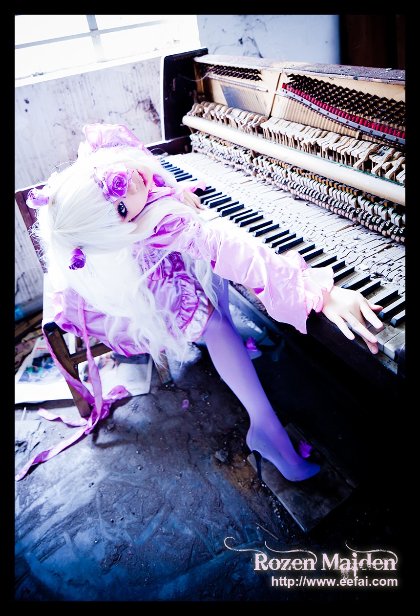 1girl animal_ears barasuishou black_border dress frills guitar instrument letterboxed long_hair pillarboxed purple_eyes solo white_hair