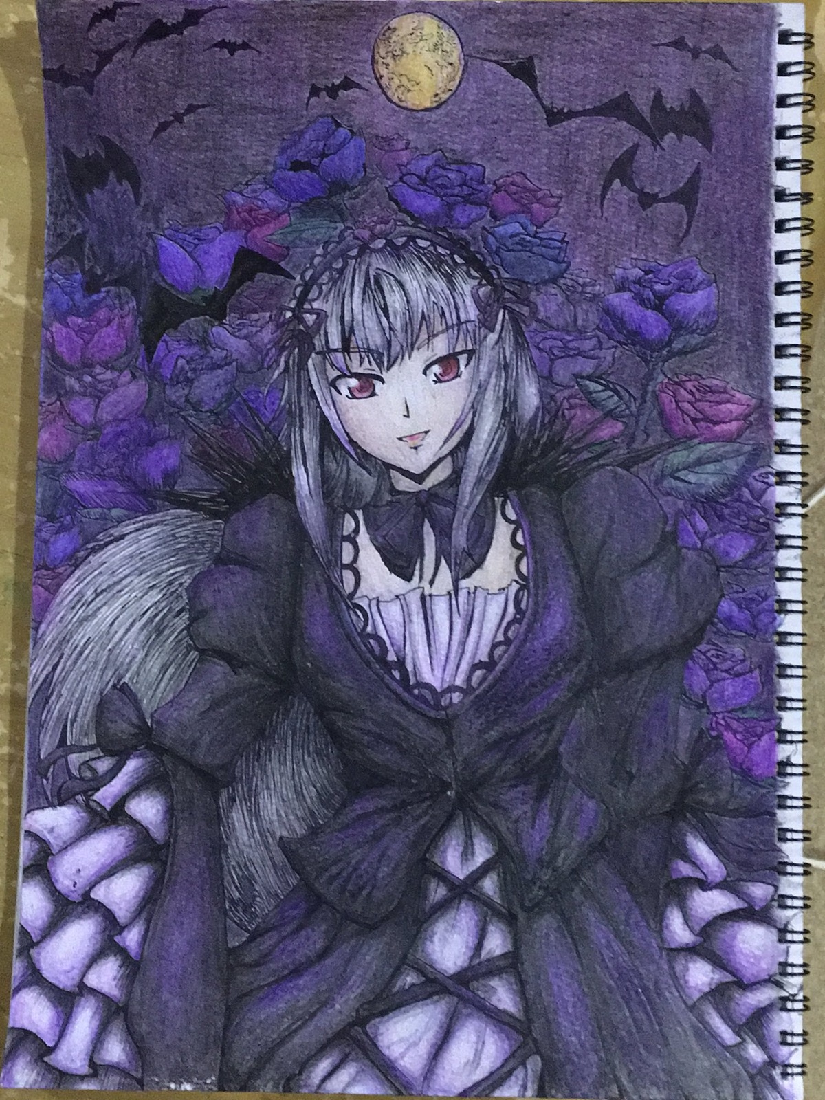 1girl dress flower frills full_moon long_hair moon red_eyes solo suigintou traditional_media
