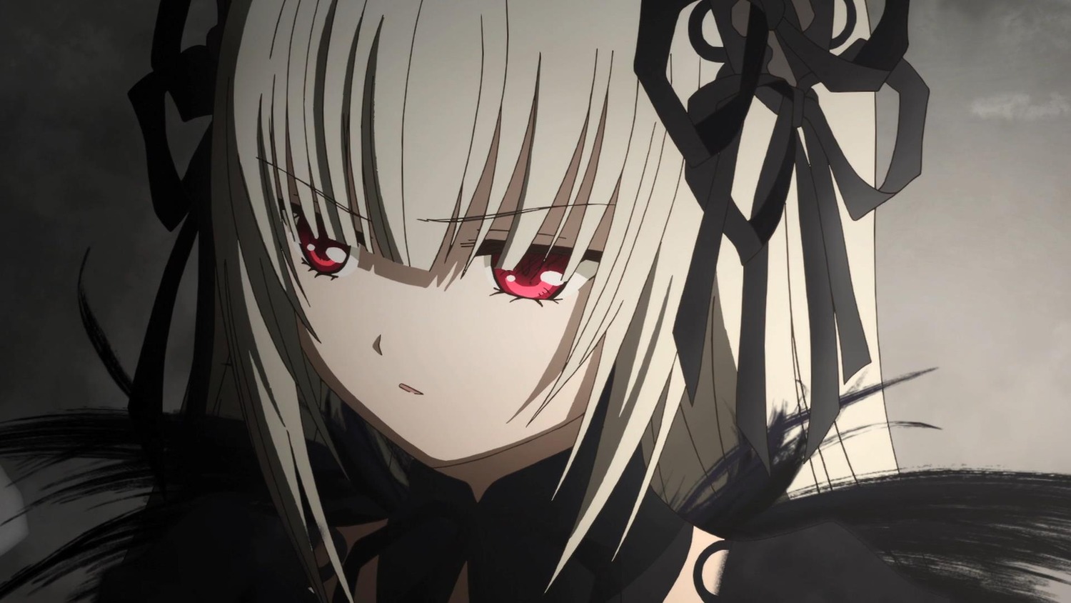 1girl bangs black_ribbon dress eyebrows_visible_through_hair hair_ribbon image long_hair looking_at_viewer parted_lips portrait red_eyes ribbon solo suigintou