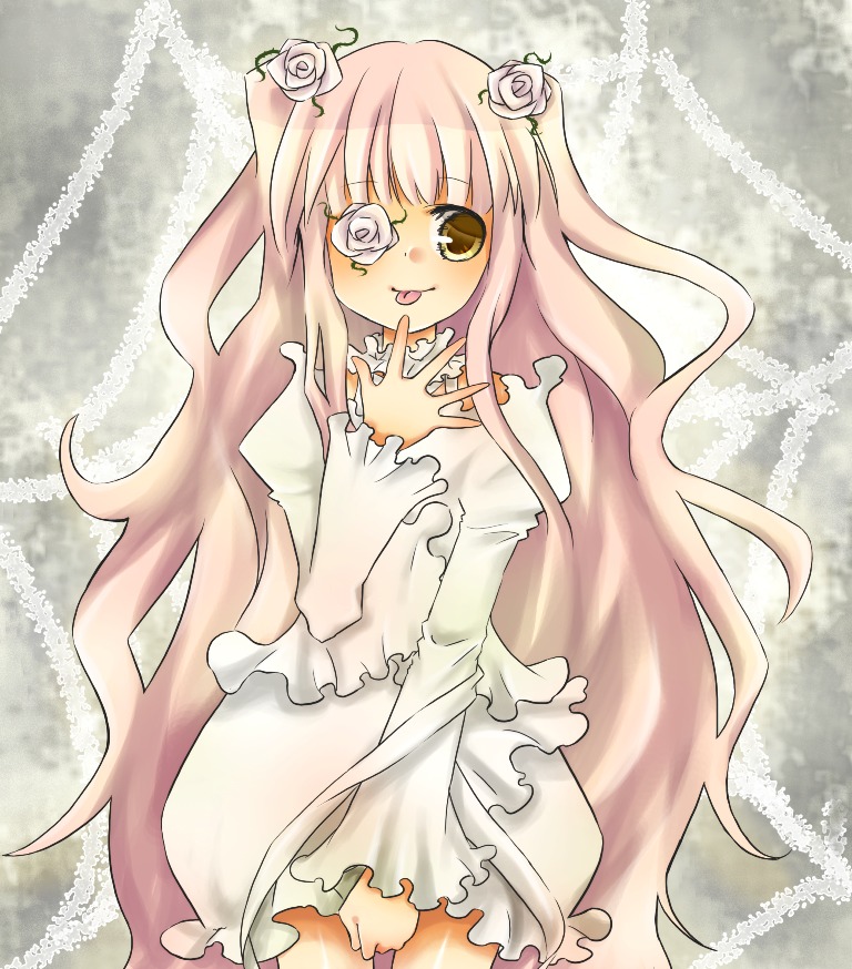 1girl dress eyepatch flower hair_flower image kirakishou long_hair pink_hair rose solo thorns tongue tongue_out very_long_hair vines white_dress white_flower white_rose yellow_eyes