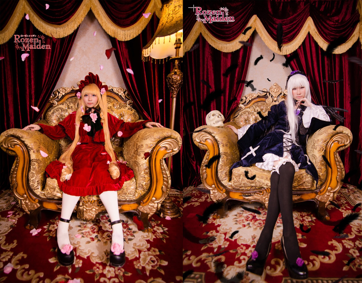 2girls black_legwear blonde_hair bow closed_eyes couch curtains dress long_hair multiple_cosplay multiple_girls petals sitting tagme thighhighs zettai_ryouiki
