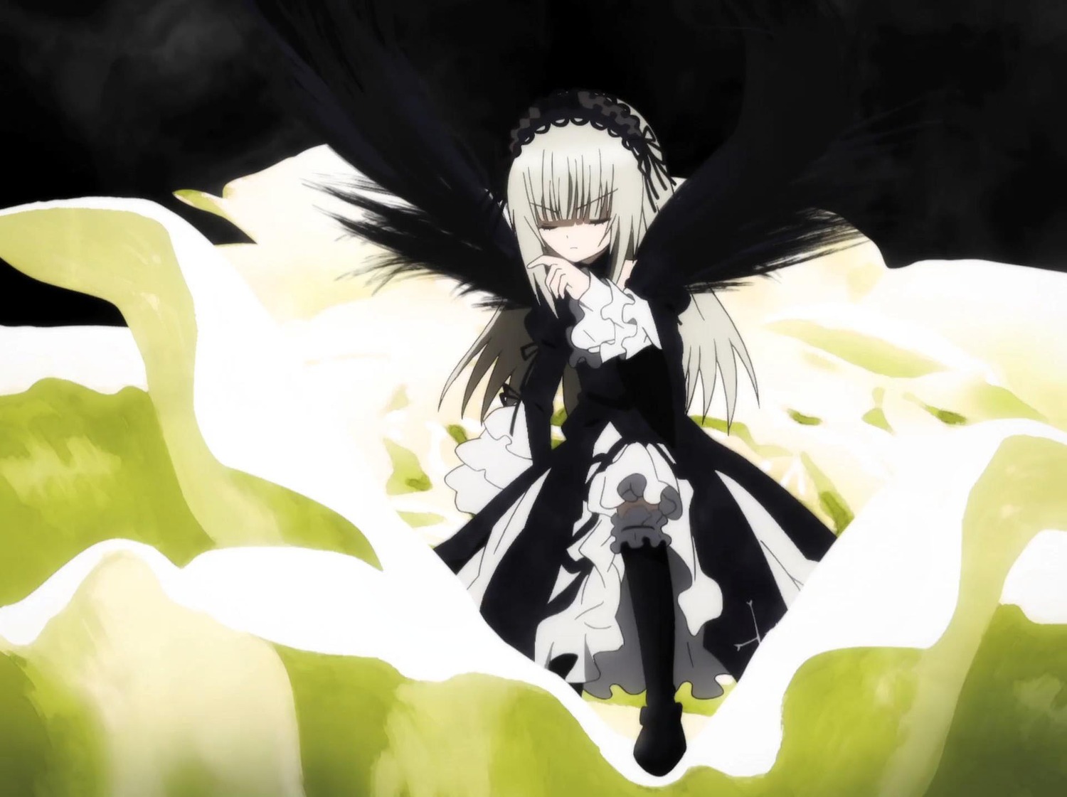 1girl black_dress black_footwear black_wings boots closed_eyes dress flower frills full_body hairband image lolita_hairband long_hair long_sleeves ribbon solo suigintou very_long_hair wings