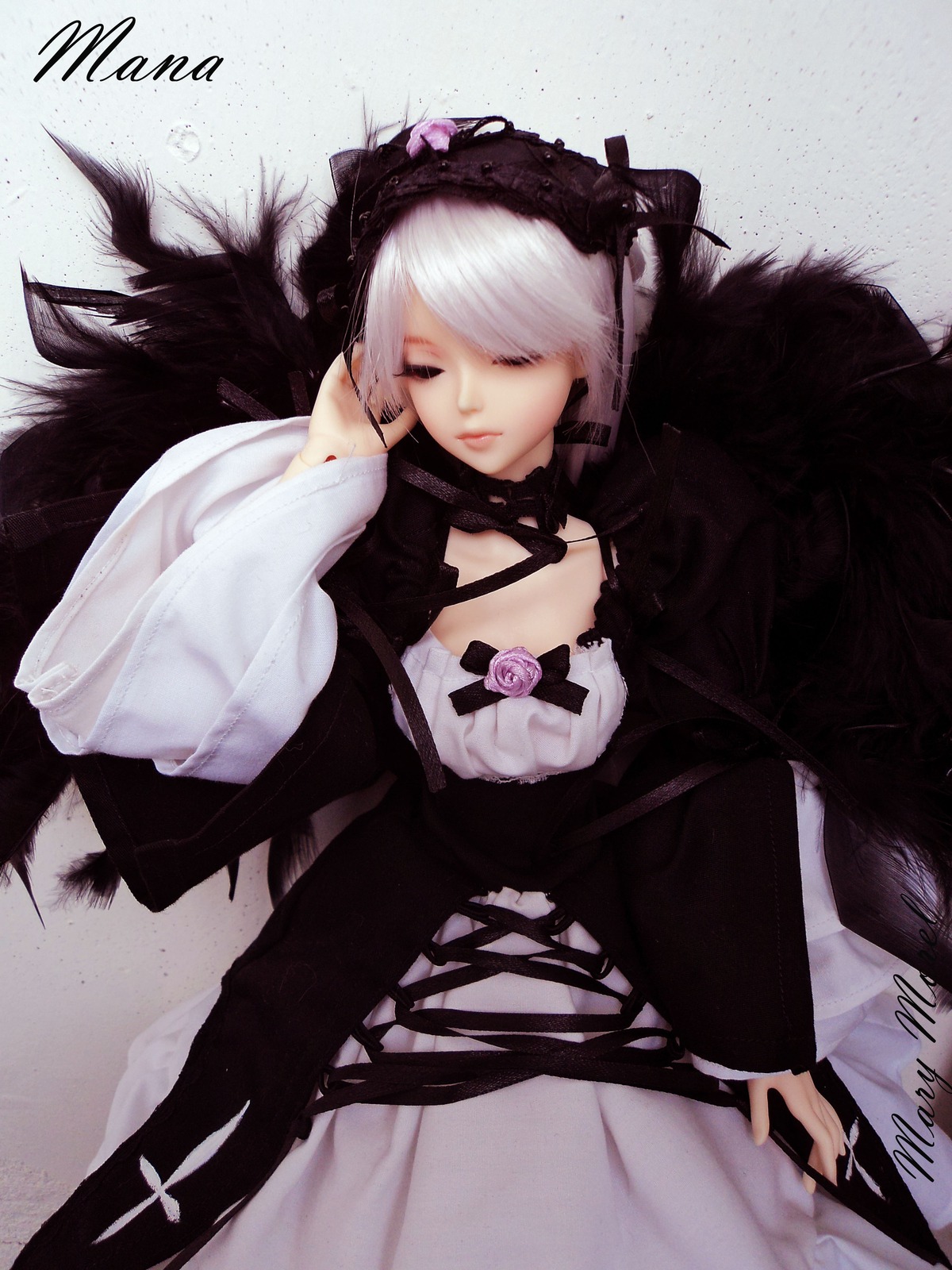 1girl artist_name bangs choker doll dress flower hairband long_sleeves rose signature solo suigintou white_hair