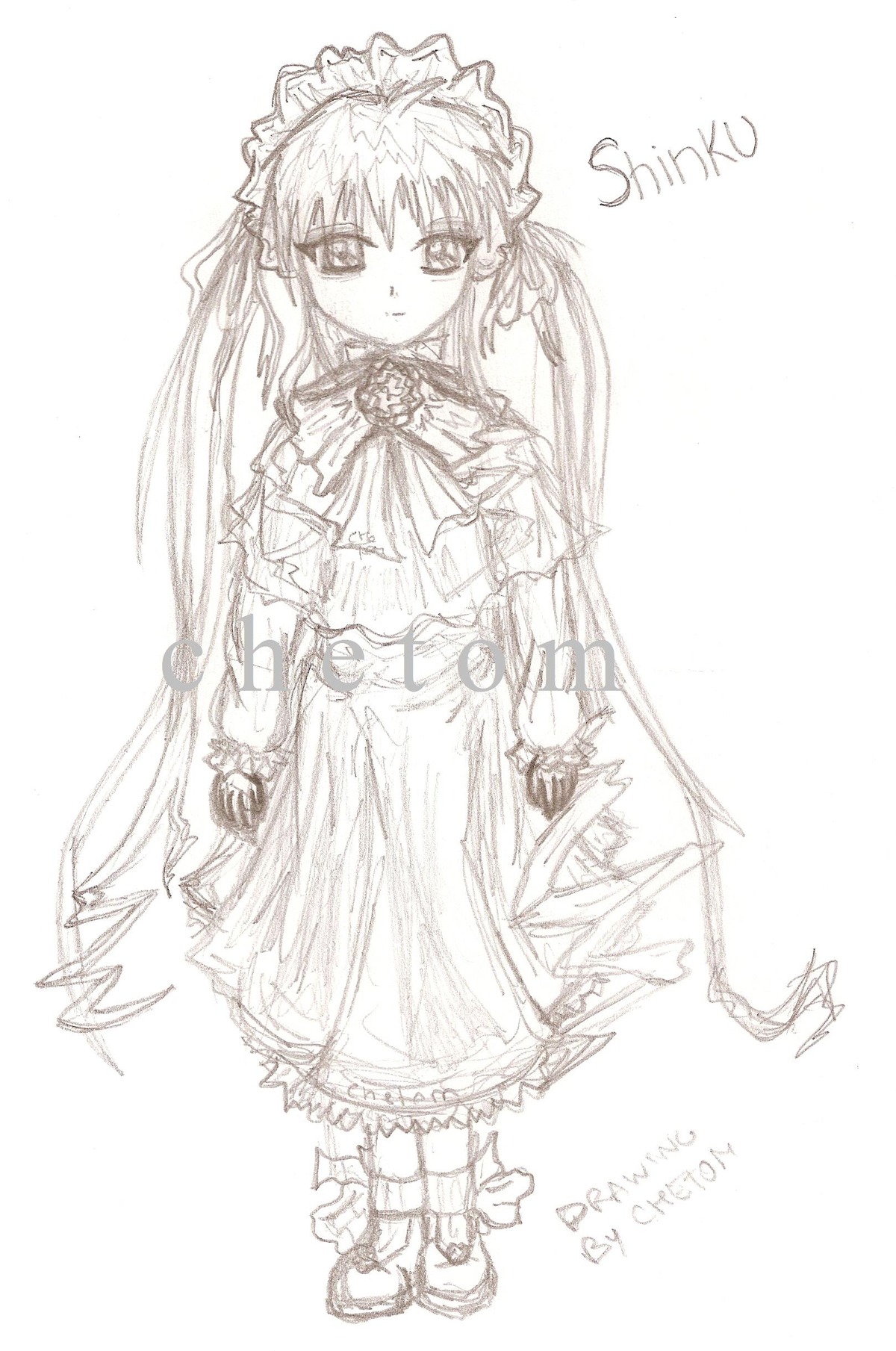 1girl bowtie brooch dress frills full_body image long_hair long_sleeves looking_at_viewer monochrome shinku shoes simple_background solo standing twintails very_long_hair white_background